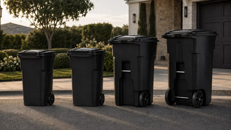 EcoGuard 32, 45, 48 and 64 gallon wheeled outdoor trash cans shown together in a residential driveway setting