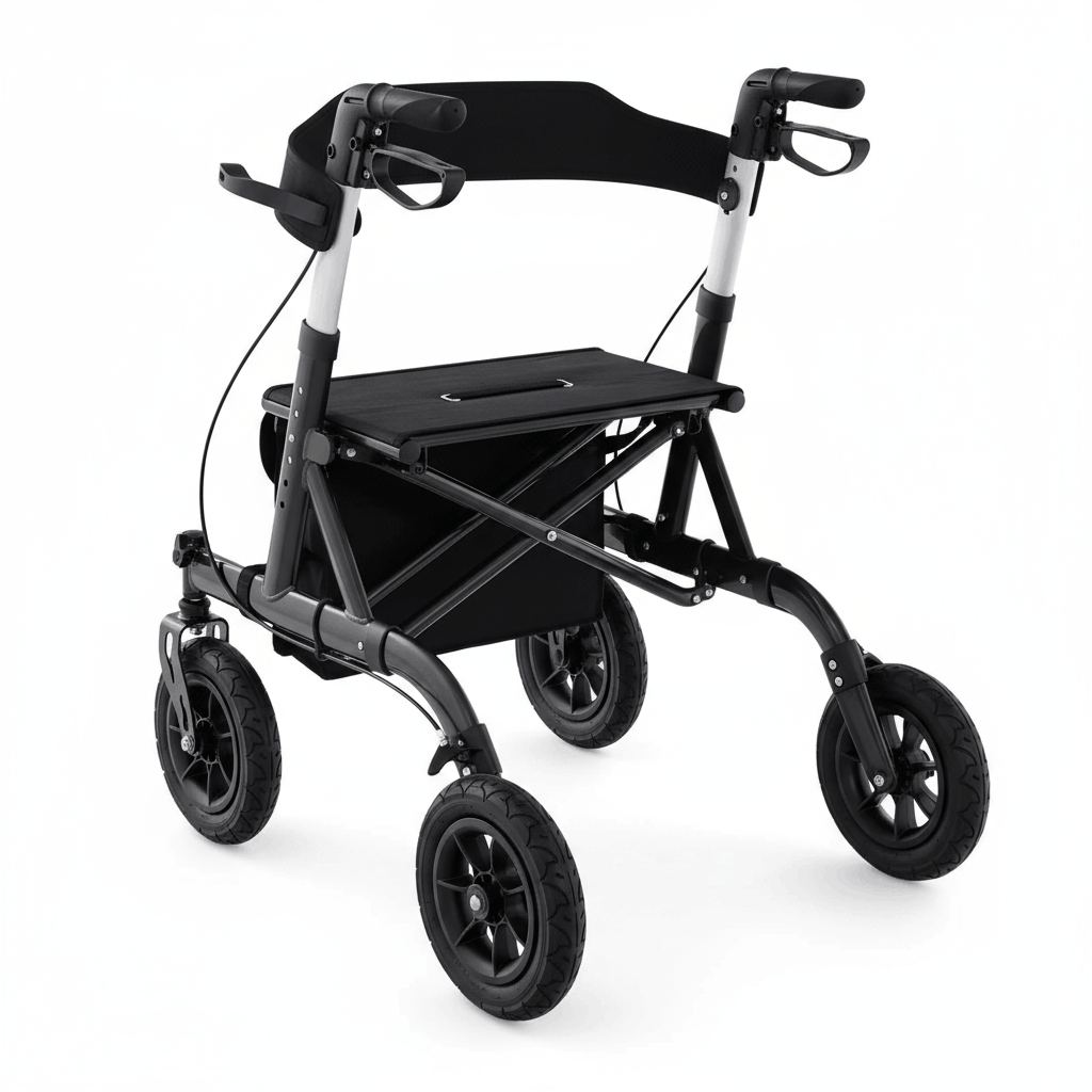 All-Terrain Rollator Walker with Seat — 9.5" Pneumatic Wheels, Foldable