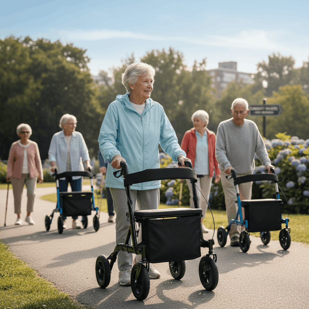 All-Terrain Rollator Walker with Seat — 9.5" Pneumatic Wheels, Foldable