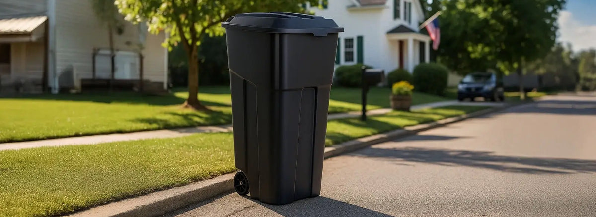 EcoGuard 32 and 45 gallon wheeled outdoor trash can positioned in
a residential curbside setting