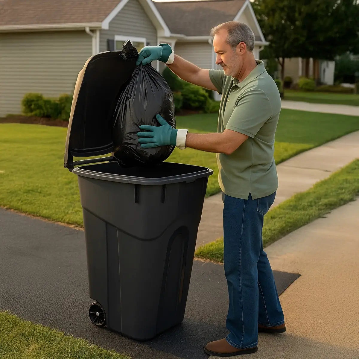 Household waste bag being placed into an EcoGuard 32 and 45 gallon wheeled outdoor trash can