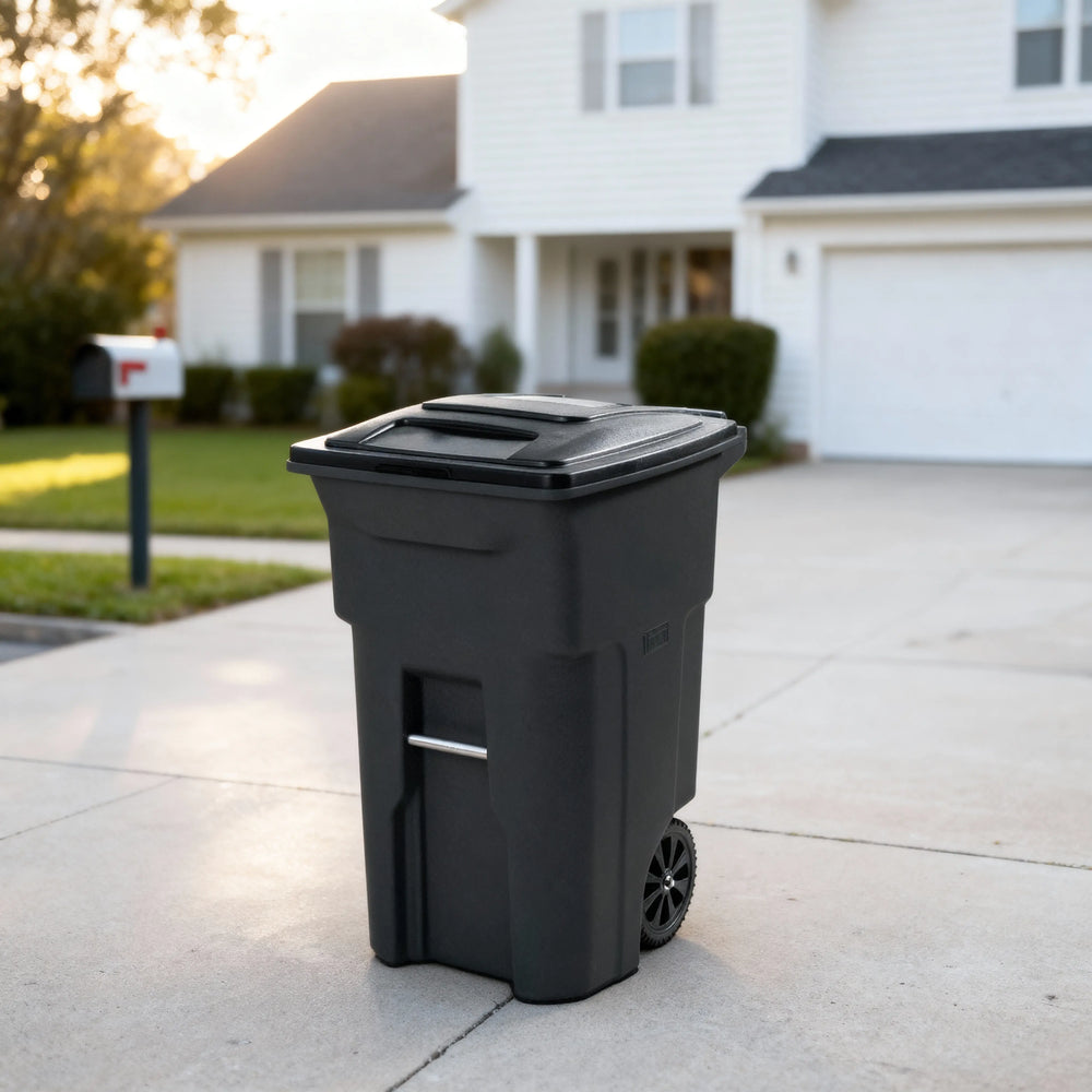 EcoGuard 48 and 64 gallon wheeled outdoor trash can positioned
along a residential driveway