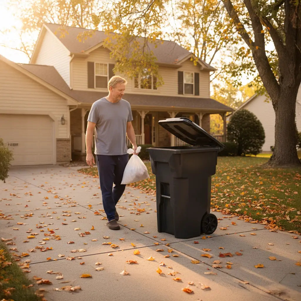 EcoGuard wheeled outdoor trash can being used for household waste
beside a residential property