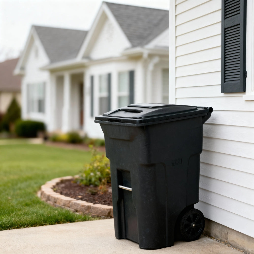 EcoGuard 48 and 64 gallon wheeled outdoor trash can stored beside
a residential home