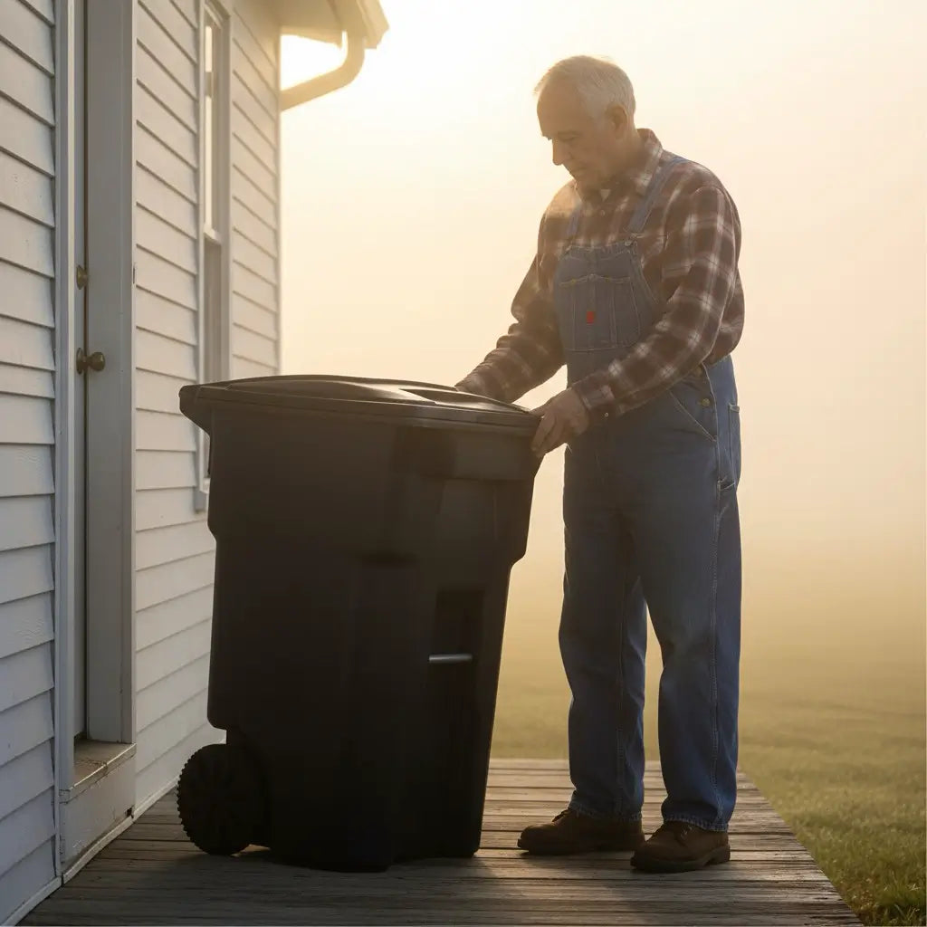Homeowner using the attached lid on an EcoGuard wheeled outdoor trash can beside a residential home