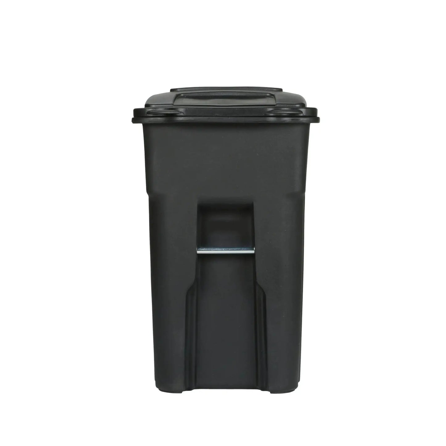 Front view of the EcoGuard 48 and 64 gallon outdoor trash can with attached lid and recessed front channel