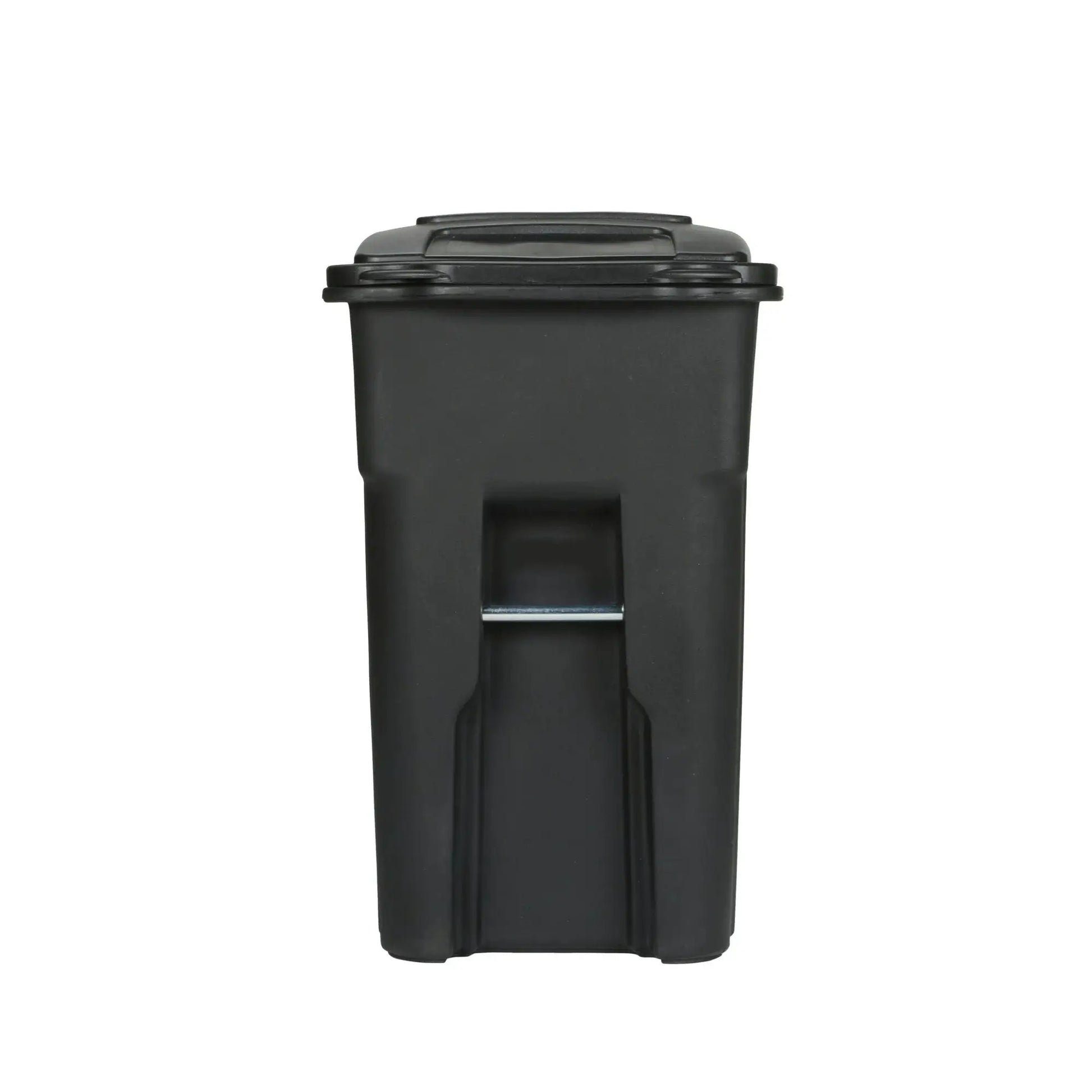 Front view of the EcoGuard 48 and 64 gallon outdoor trash can with attached lid and recessed front channel
