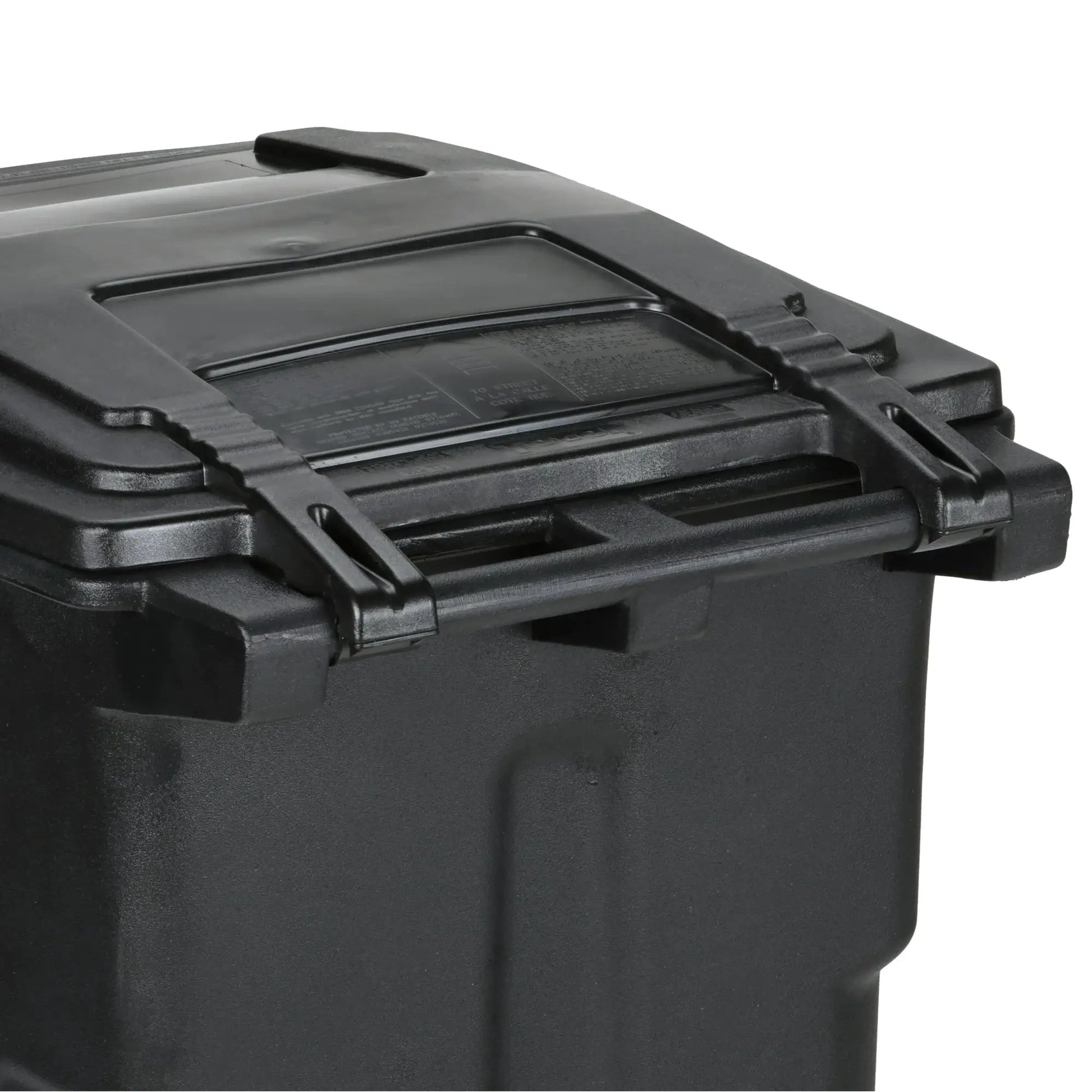 Close-up of the EcoGuard 48 and 64 gallon trash can lid and rear handle showing the attached hinged lid design