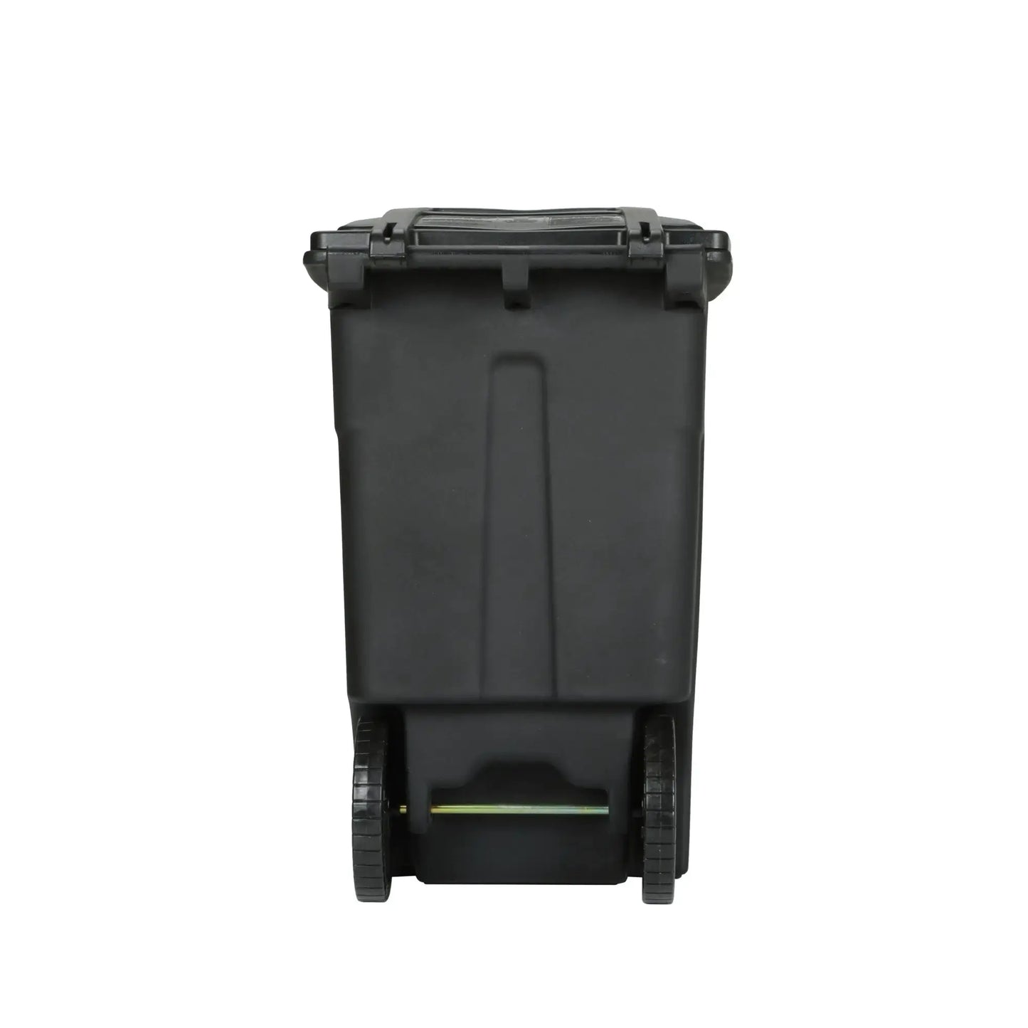 Rear view of the EcoGuard 48 and 64 gallon wheeled trash can showing the attached lid, rear wheels, and molded body design