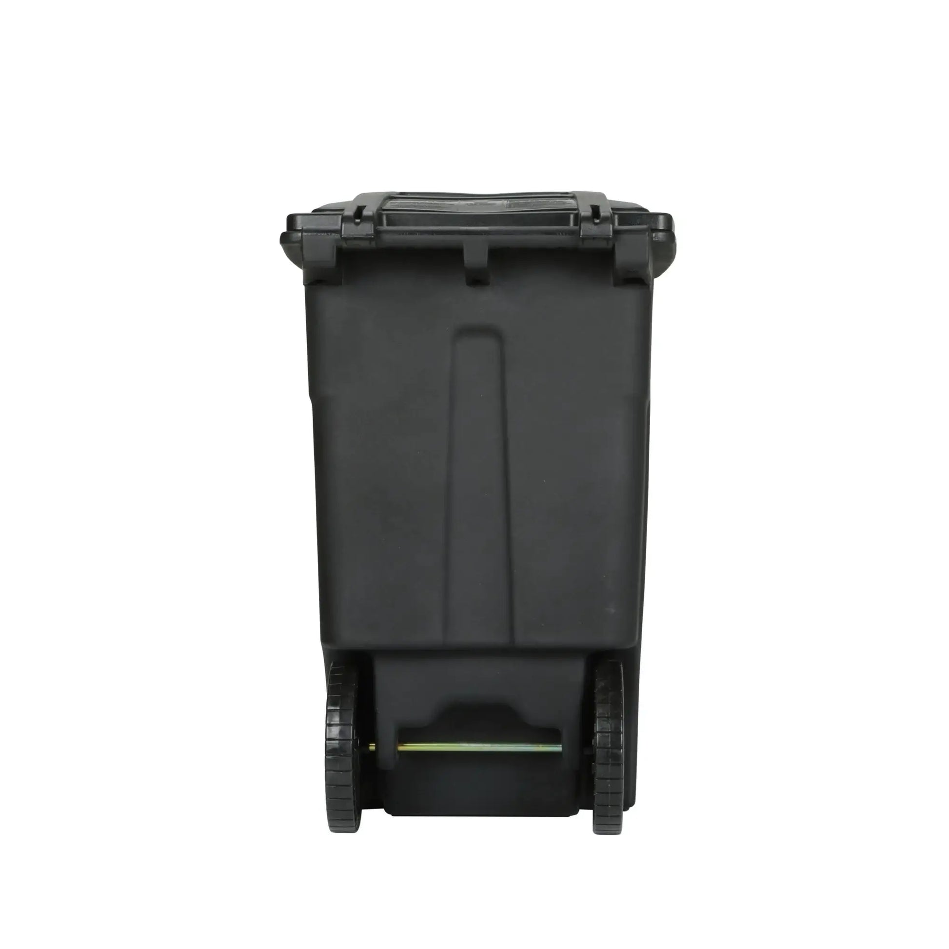Rear view of the EcoGuard 48 and 64 gallon wheeled trash can showing the attached lid, rear wheels, and molded body design