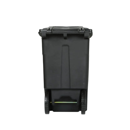 Rear view of the EcoGuard 48 and 64 gallon wheeled trash can showing the attached lid, rear wheels, and molded body design