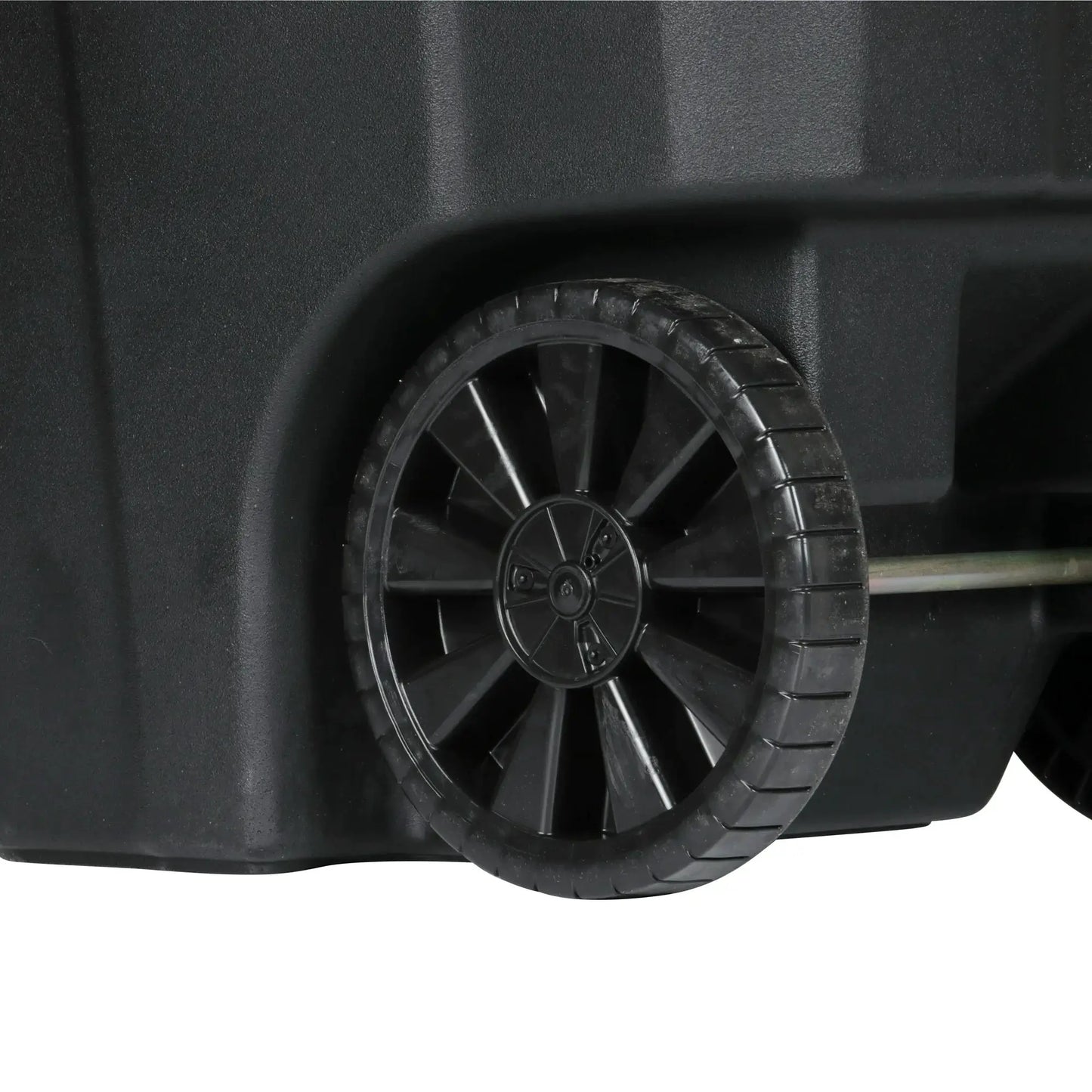 Close-up of the EcoGuard 48 and 64 gallon trash can wheel showing the molded wheel design and tread detail