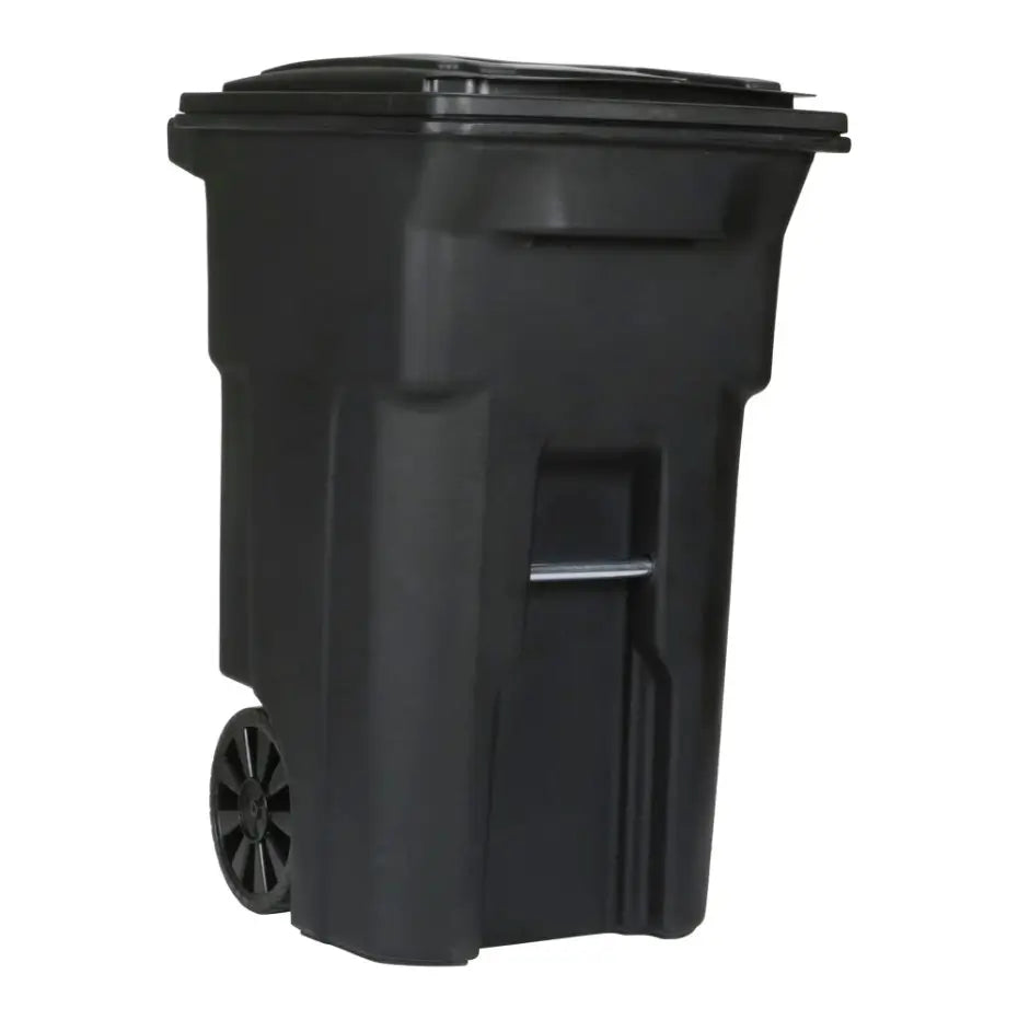 EcoGuard 48 and 64 gallon wheeled outdoor trash can shown in a front angled product view with attached lid and rear wheels