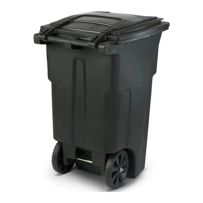 Rear angled view of the EcoGuard 48 and 64 gallon outdoor wheeled trash can with attached lid and large rear wheels