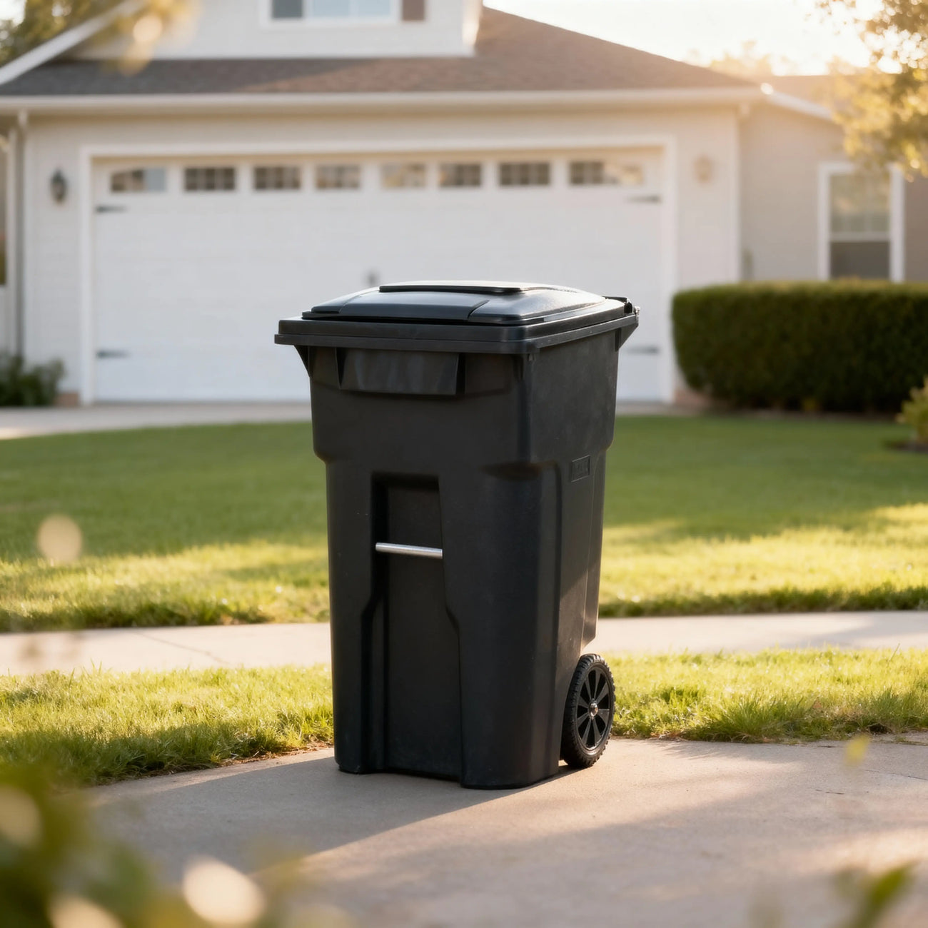 EcoGuard 48 and 64 gallon wheeled outdoor trash cart positioned near a residential curb